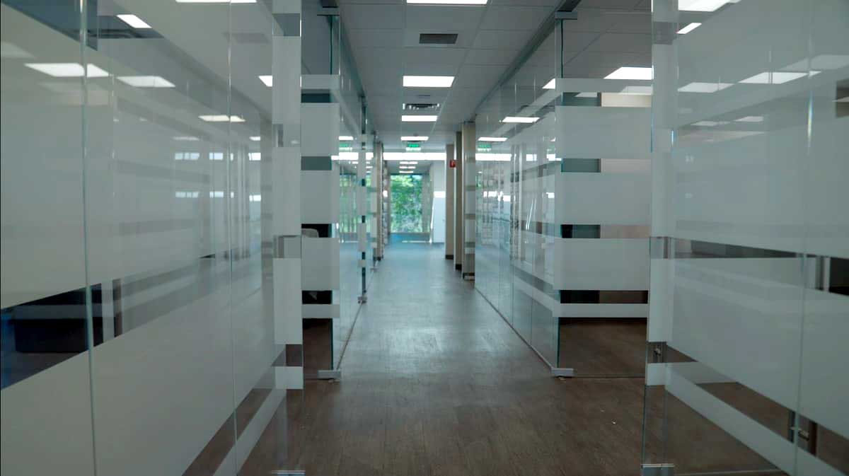 large etched glass office installation